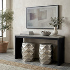 Hives & Honey Anna Side Table, Geometric Mango Wood Accent Table, Modern Rhombus Design, Antiqued Foil Finish, Multi-Use as End Table, Vanity Stool or Decorative Pedestal, Silver