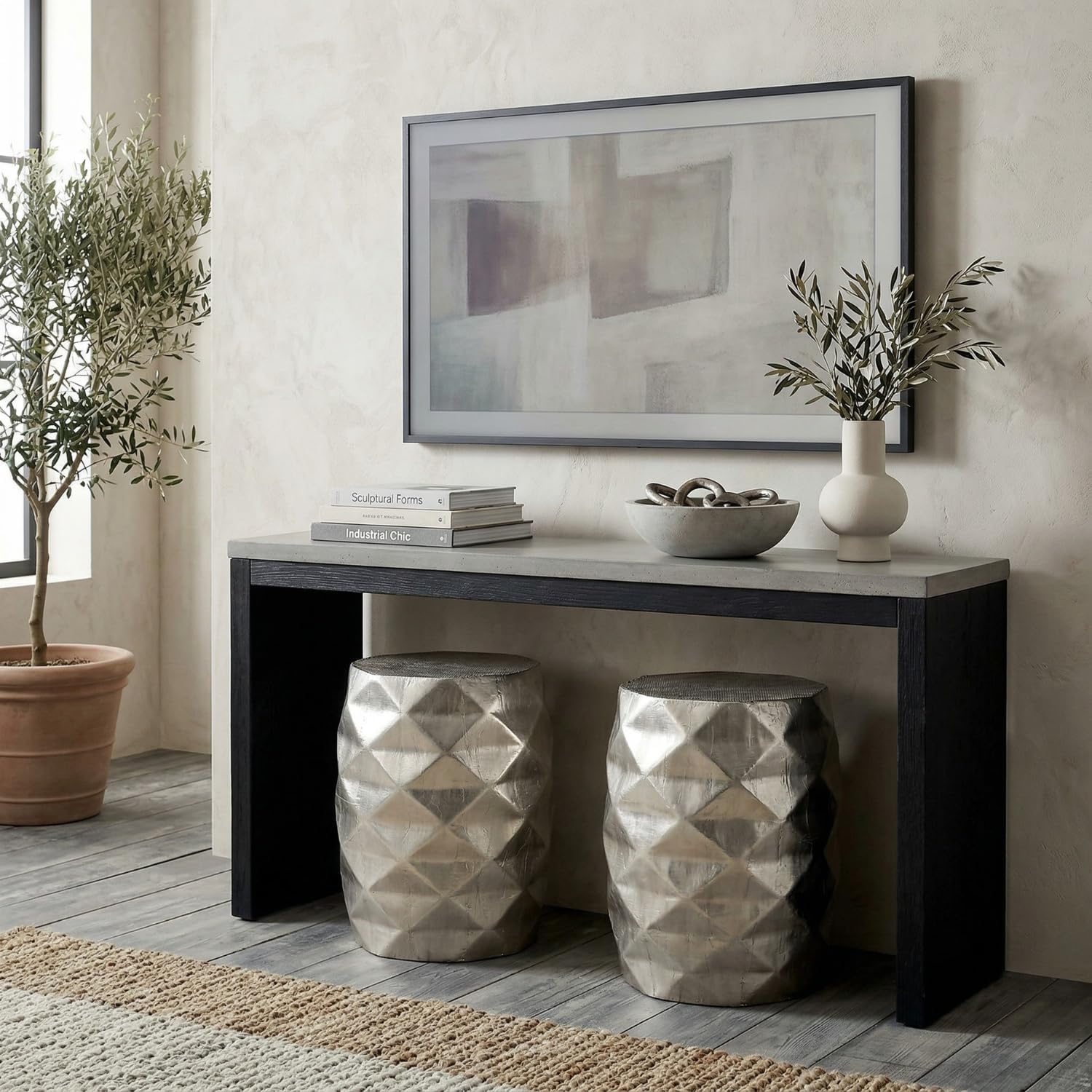 Hives & Honey Anna Side Table, Geometric Mango Wood Accent Table, Modern Rhombus Design, Antiqued Foil Finish, Multi-Use as End Table, Vanity Stool or Decorative Pedestal, Silver