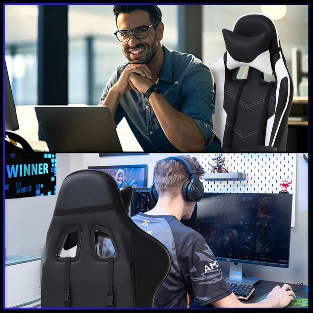 BestOffice | Ergonomic Gaming Chair | White | Reclining Computer Chair with Lumbar Support, Headrest Pillow, Adjustable Footrests | 360 Swivel with Heavy Duty Wheels | for Home & Office