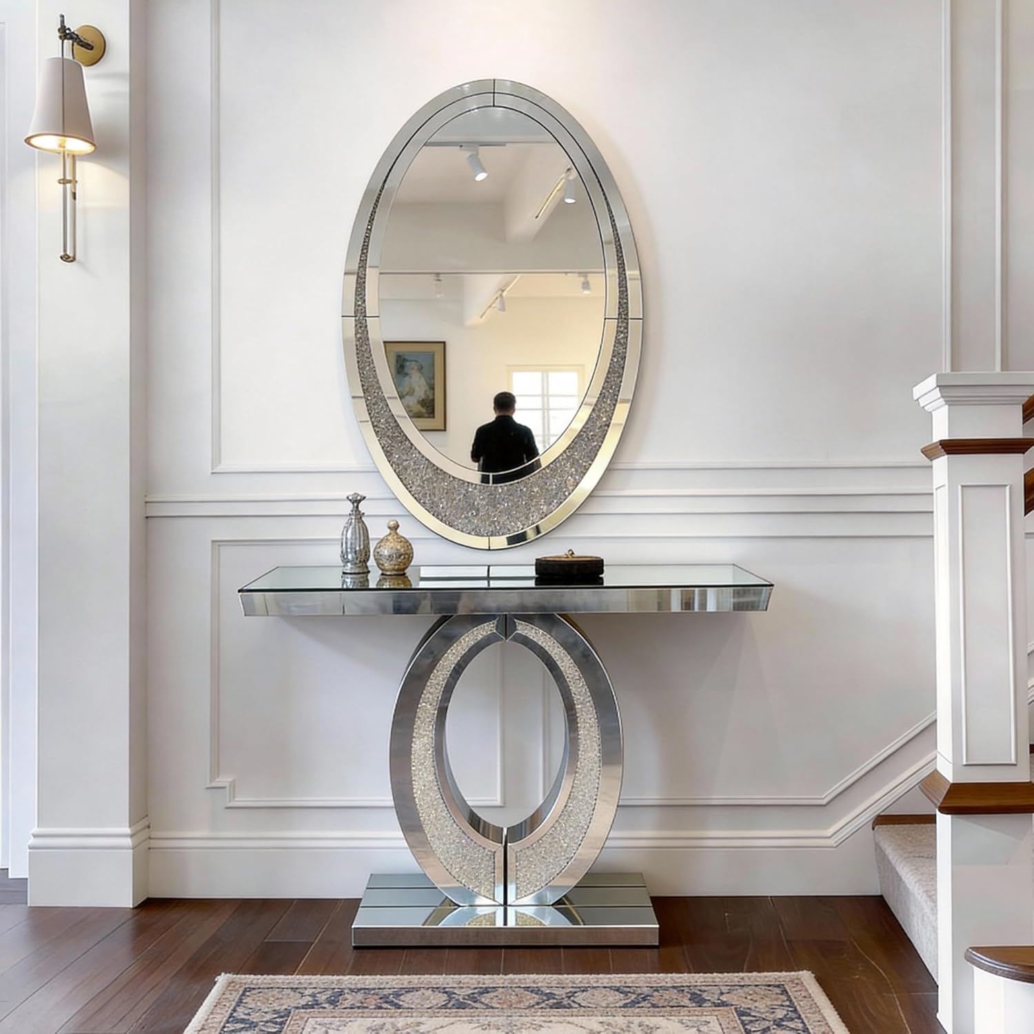 Oval-Shaped Silver Mirrored Console Table and Wall Mirror Set, 2 Piece Mirrored 39.37" Rectangle Sofa Table and 35.43" Crush Diamond Oval Wall Mirror Set for Entryway Hallway Entrance