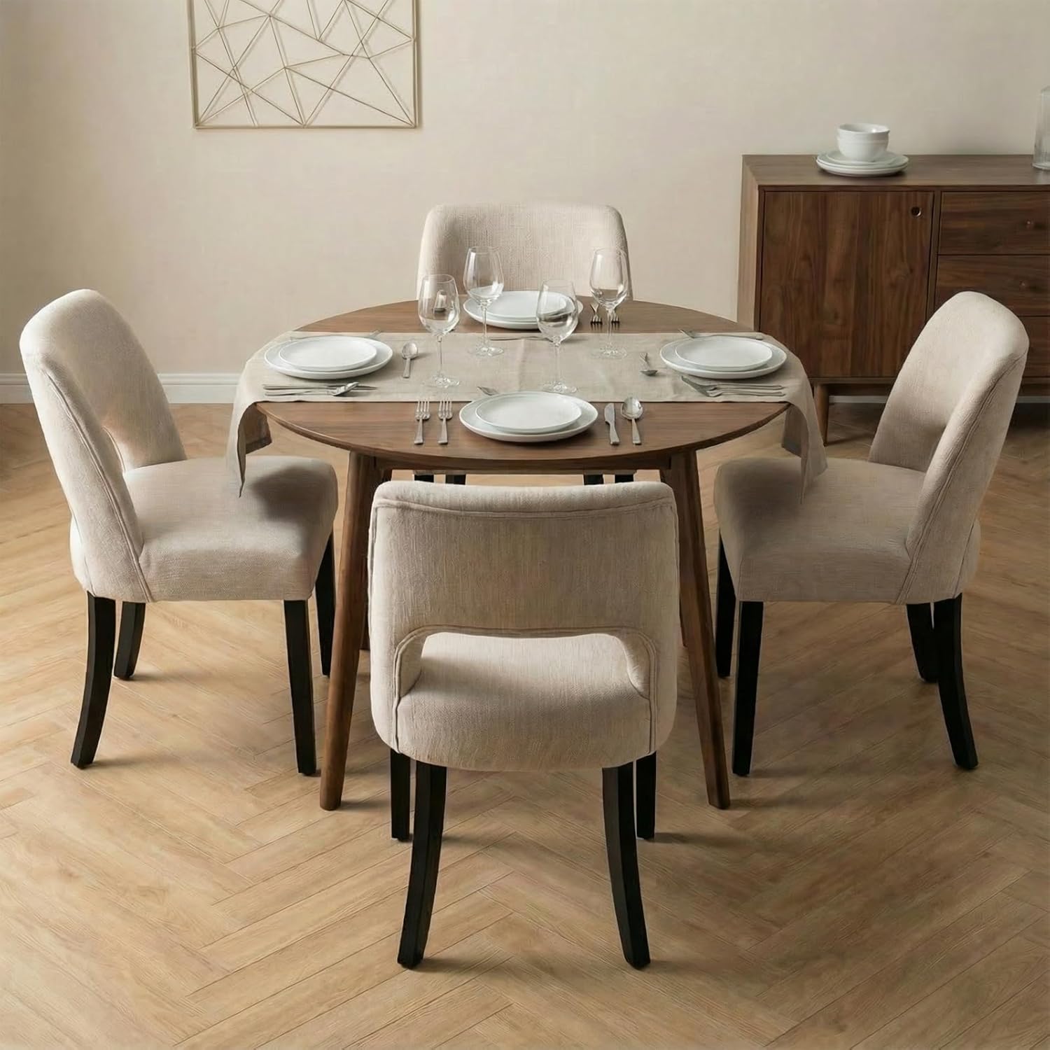 keoni Wooden Dining Chairs Set of 4, Mid Century Modern Upholstered Dining Room Chairs with Black Wood Legs, Fabric Farmhouse Kitchen Chairs with Foot Pegs for Dining Room, Beige