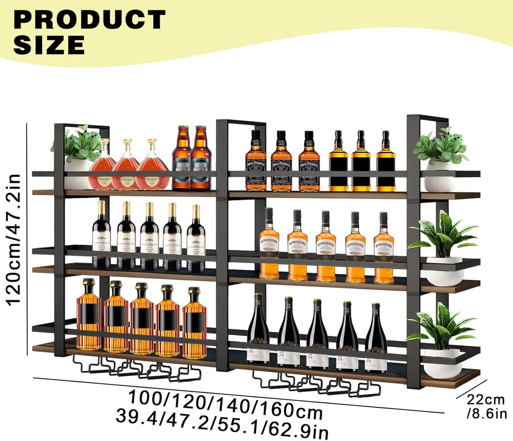 Wine Rack Wall Mounted with LED Lights, 3 Tier Metal Liquor Floating Display Shelves, with Wine Glass Rack, Iron & Wood Industrial Wall Wine Rack, for Bar, Kitchen, Cafe (Black, 63in)