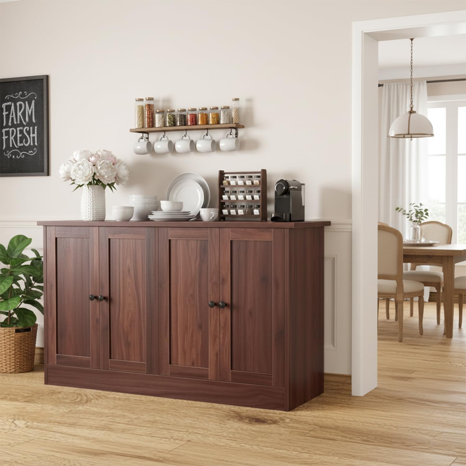 holzart Rustic Brown Buffet Cabinet with Storage, 49" Farmhouse Kitchen Sideboard with 4 Doors, Industrial Coffee Bar Cabinet & Console Table for Dining Room, Living Room