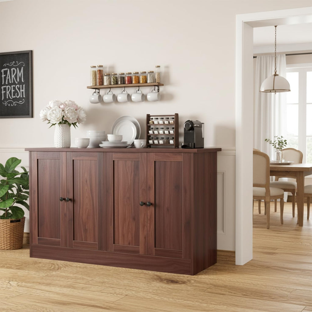 holzart Rustic Brown Buffet Cabinet with Storage, 49" Farmhouse Kitchen Sideboard with 4 Doors, Industrial Coffee Bar Cabinet & Console Table for Dining Room, Living Room
