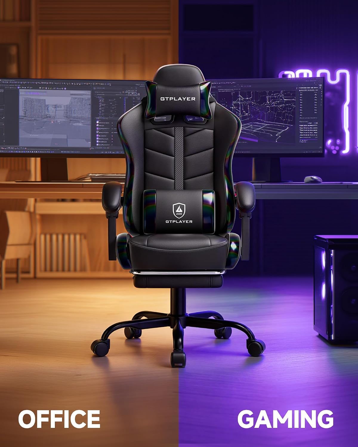 GTPLAYER Gaming Chair, Ergonomic Computer Office Chairs for Adults with Footrest, Height Adjustable, Linkage Armrests, 90-155° Recline & Headrest Lumbar Support, Black