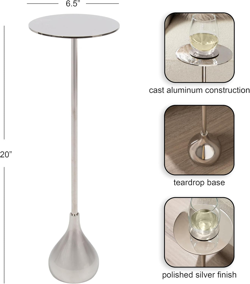 Kate and Laurel Hersi Decorative Modern Pedestal Drink Table, 7 x 7 x 20, Silver, Cast Aluminum Mini Table with Teardrop Base for Use as Small Plant Stand or Living Room Martini Table