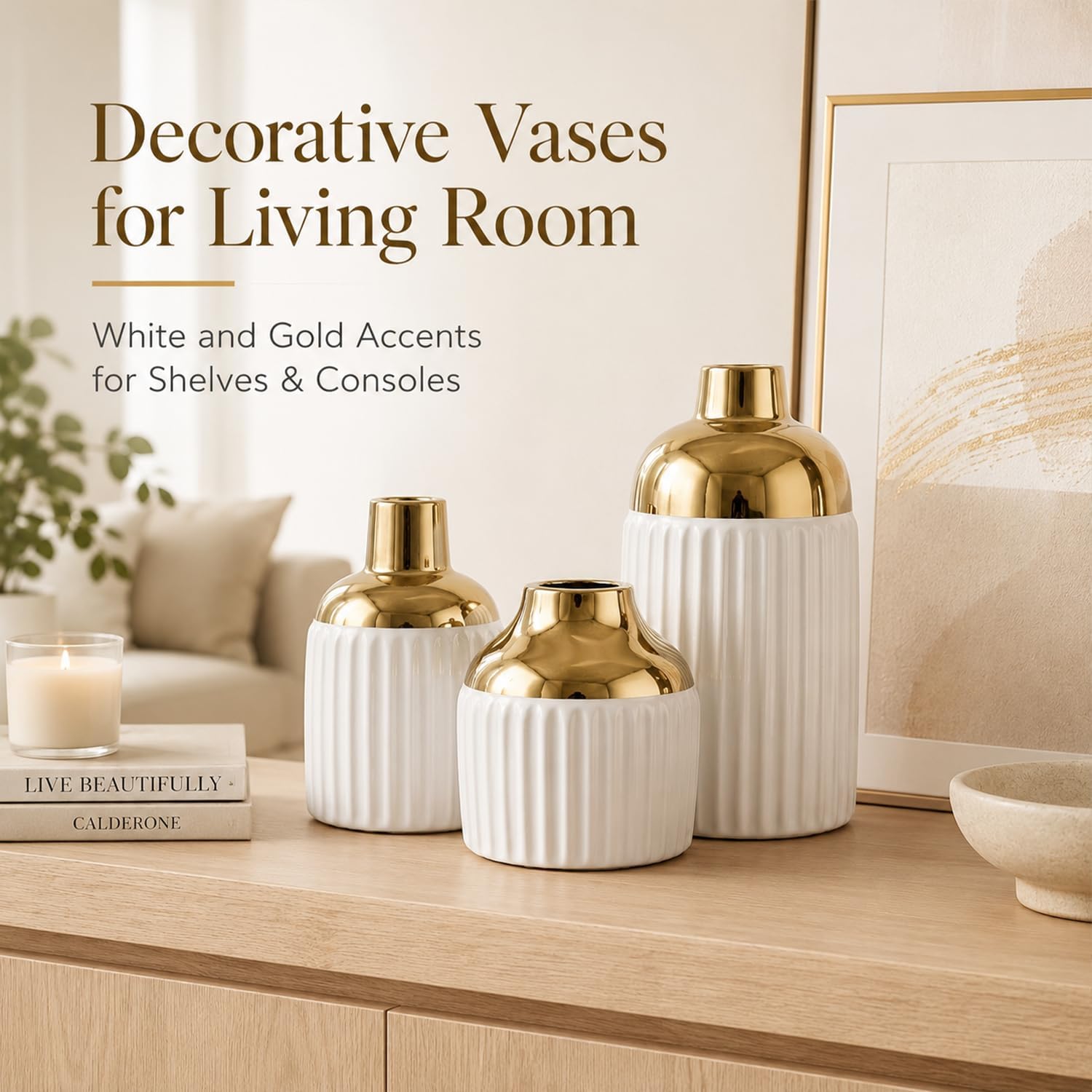 Ceramic Textured Vases Set of 3, Round White and Gold Two-Tone Flower Vase for Pampas Grass Decorative, Modern Gold Small Vase for Kitchen Counter Shelving Fireplace Mantel Table Centerpiece