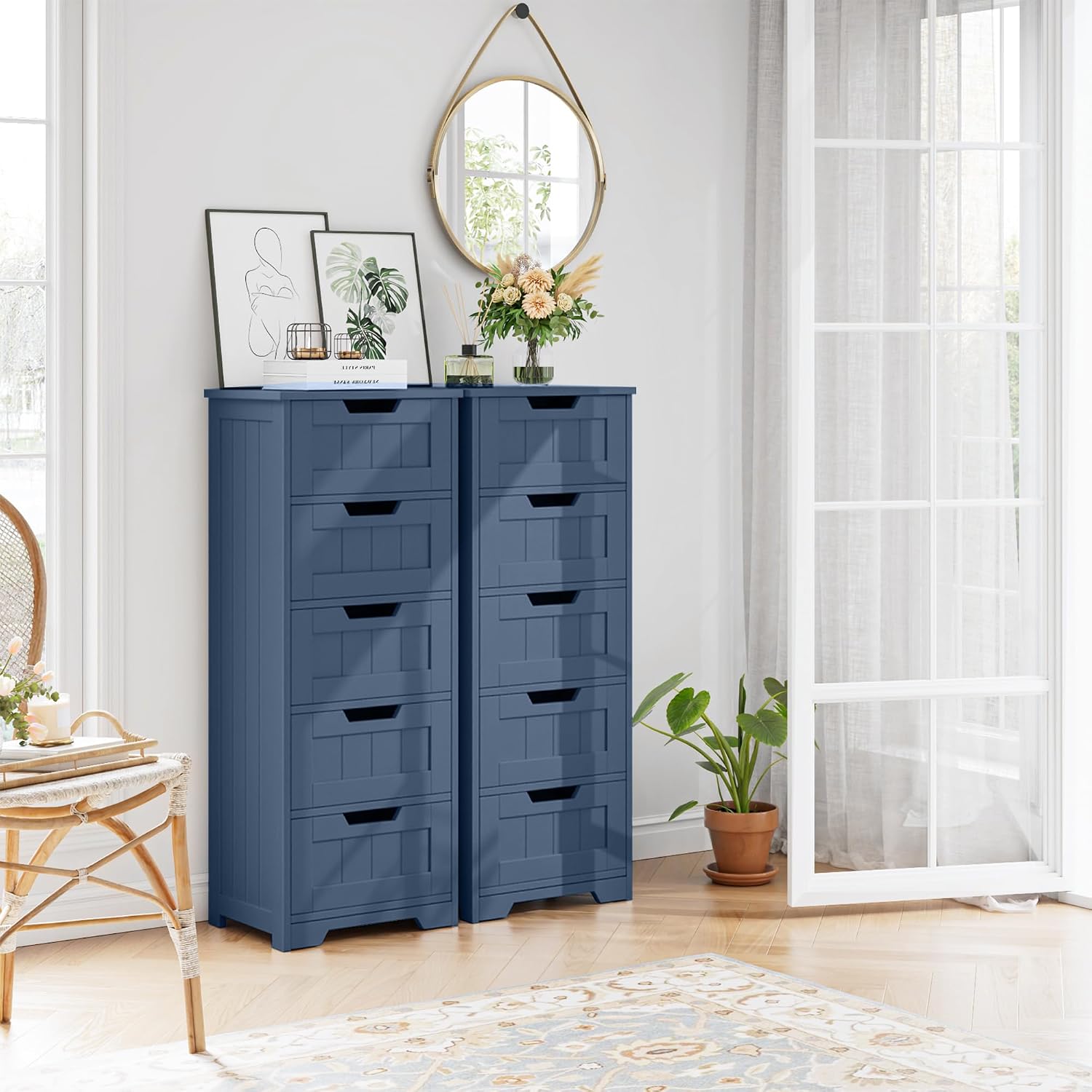 TTVIEW Bathroom Cabinet, Bathroom Storage Cabinet with 5 Drawers, Bathrooms Organizers and Storage, Bathrooms Floor Cabinets with Anti-Tipping Device for Hallway, Blue