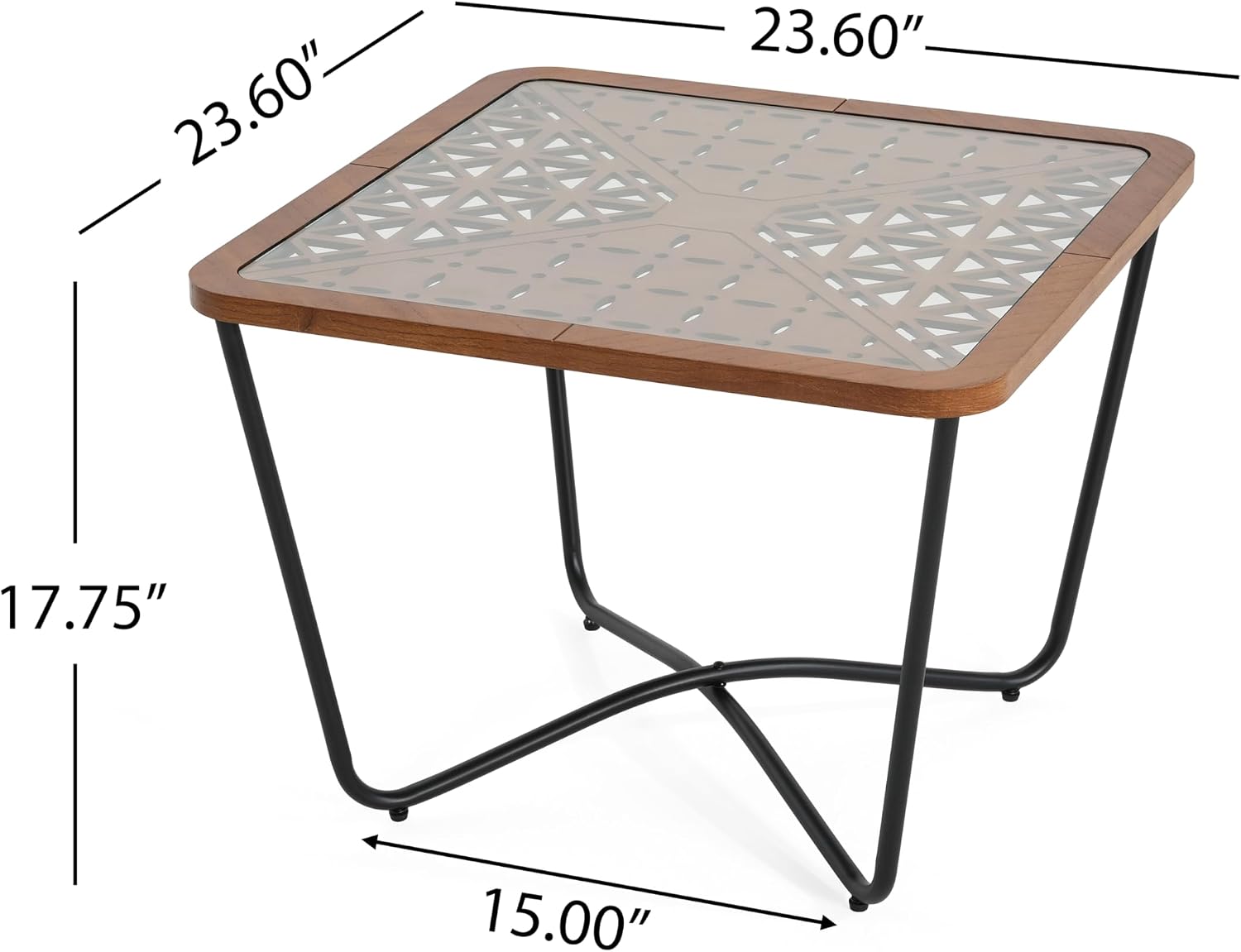 Christopher Knight Home Lyle Industrial Coffee Table with Geometric Glass Top, 23.6" Square Modern Accent End Sofa Side Table for Living Room, Black Finish with Rustic Wood Edge, Brown+Black