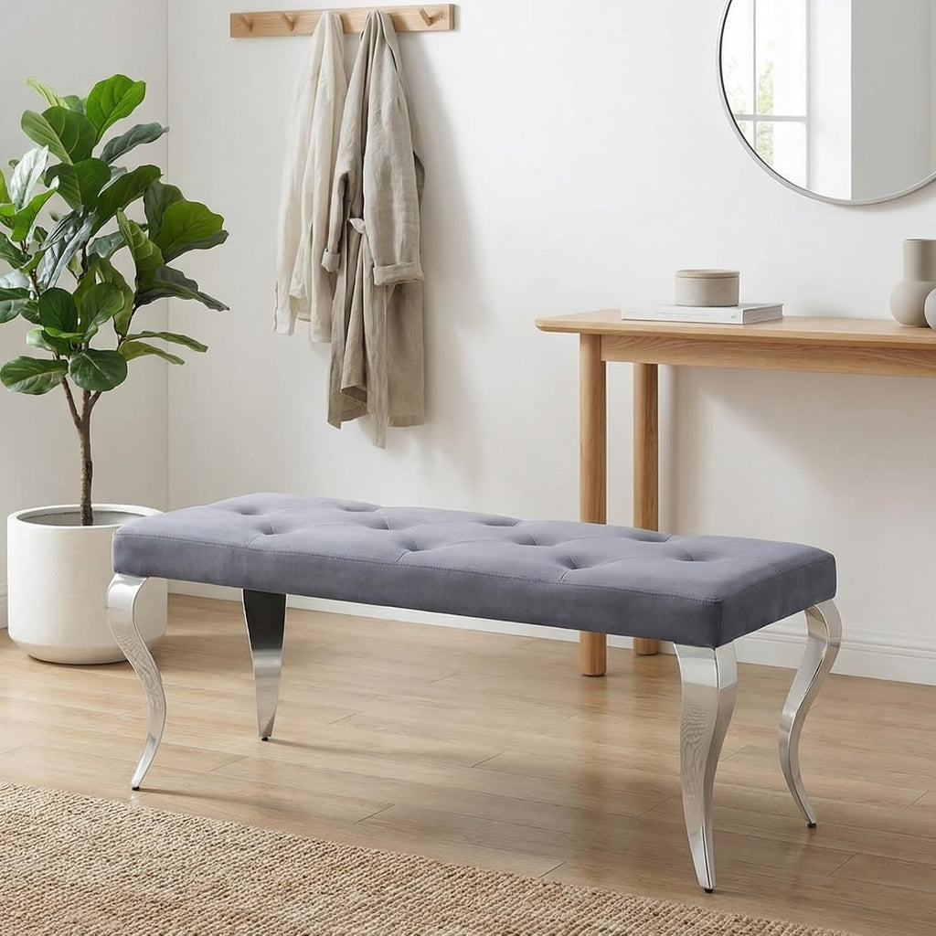 AUZ Benches, Grey and Silver Velvet Upholstered Dining Room Table Bench with Button-Tufted, Modern Glam Chrome Mirrored Chrome Curved Legs