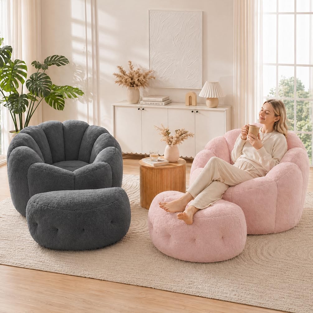 Pink Flower Bean Bag Chair with Ottoman, Fuax Fur Comfy Reading Chair for Bedroom, Fluffy Plush Floor Lazy Sofa for Living Room, Reading Nook