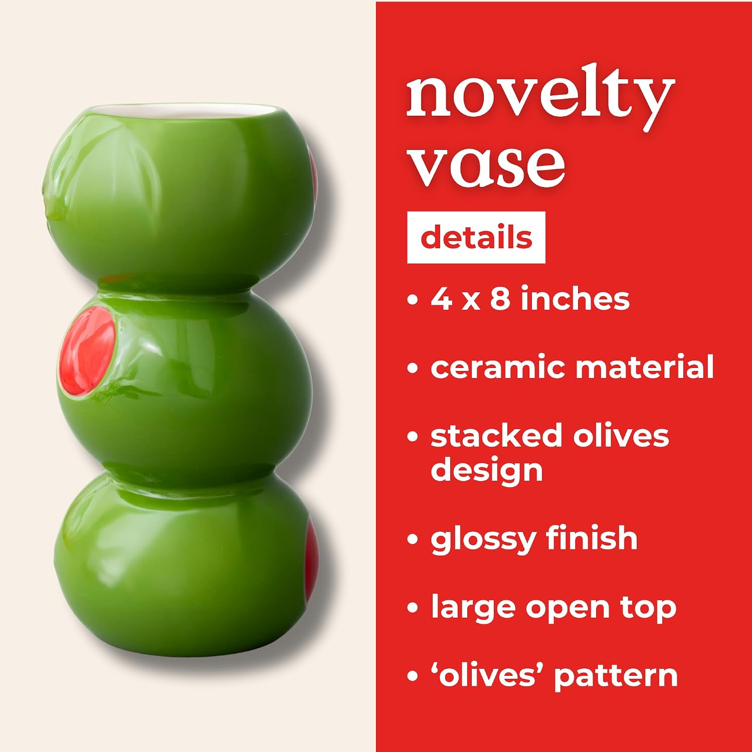 ban.do Novelty Ceramic Vase - Stacked Olive Decorative Vase - Nostalgic Unique Vintage Decor for Home, Kitchen or Bar Cart