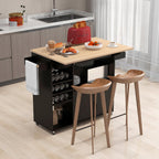 TANGZON Kitchen Island on Wheels, Rolling Kitchen Storage Trolley with Drop Leaf Worktop, Drawer, Wine Rack, Glass Holder, Open & Adjustable Shelf, Utility Bar Serving Cart Sideboard (Black)