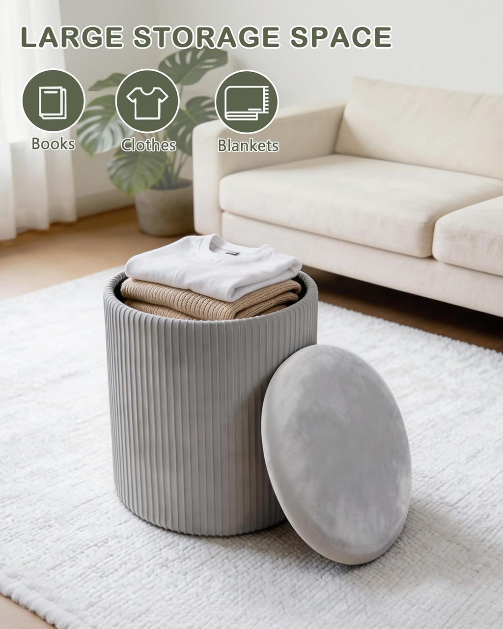 LITZFUR Round Ottoman with Storage,Velvet Upholstered Vanity Stool & Folding Foot Rest,Coffee Table for Living Room,Bedroom,Gray