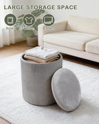LITZFUR Round Ottoman with Storage,Velvet Upholstered Vanity Stool & Folding Foot Rest,Coffee Table for Living Room,Bedroom,Gray