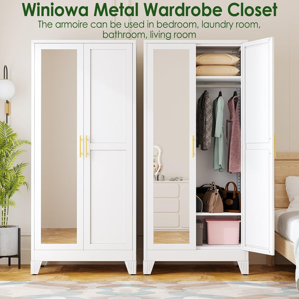winiowa Metal Armoire Wardrobe Closet with 2 Mirror Doors, 71" Wardrobe Cabinet with Adjustable Shelves and Hanging Rod, Clothing Storage Cabinet Closet with Mirror for Bedroom-White