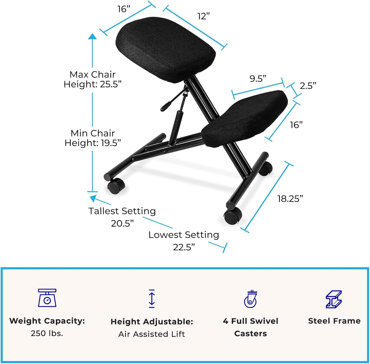 ProErgo Pneumatic Ergonomic Kneeling Chair | Fully Adjustable Mobile Office Seating | Improve Posture to Relieve Neck & Back Pain | Easy Assembly | Use in Home, Office & Classroom