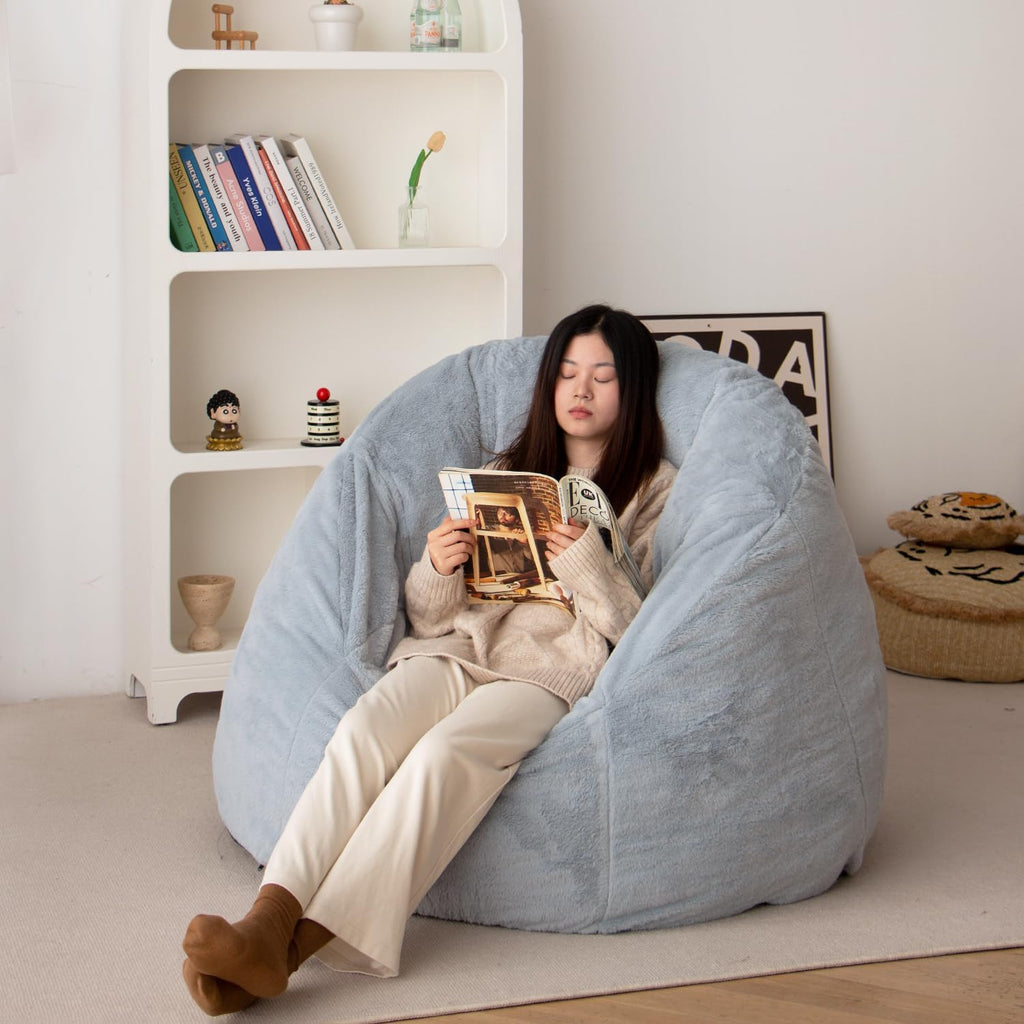 N&V Large Shell Bean Bag Chair, Adult Size Bean Bag Sack, Foam Filling, Includes Removable and Machine Washable Cover, 40in, Soft Faux Fur, Grey