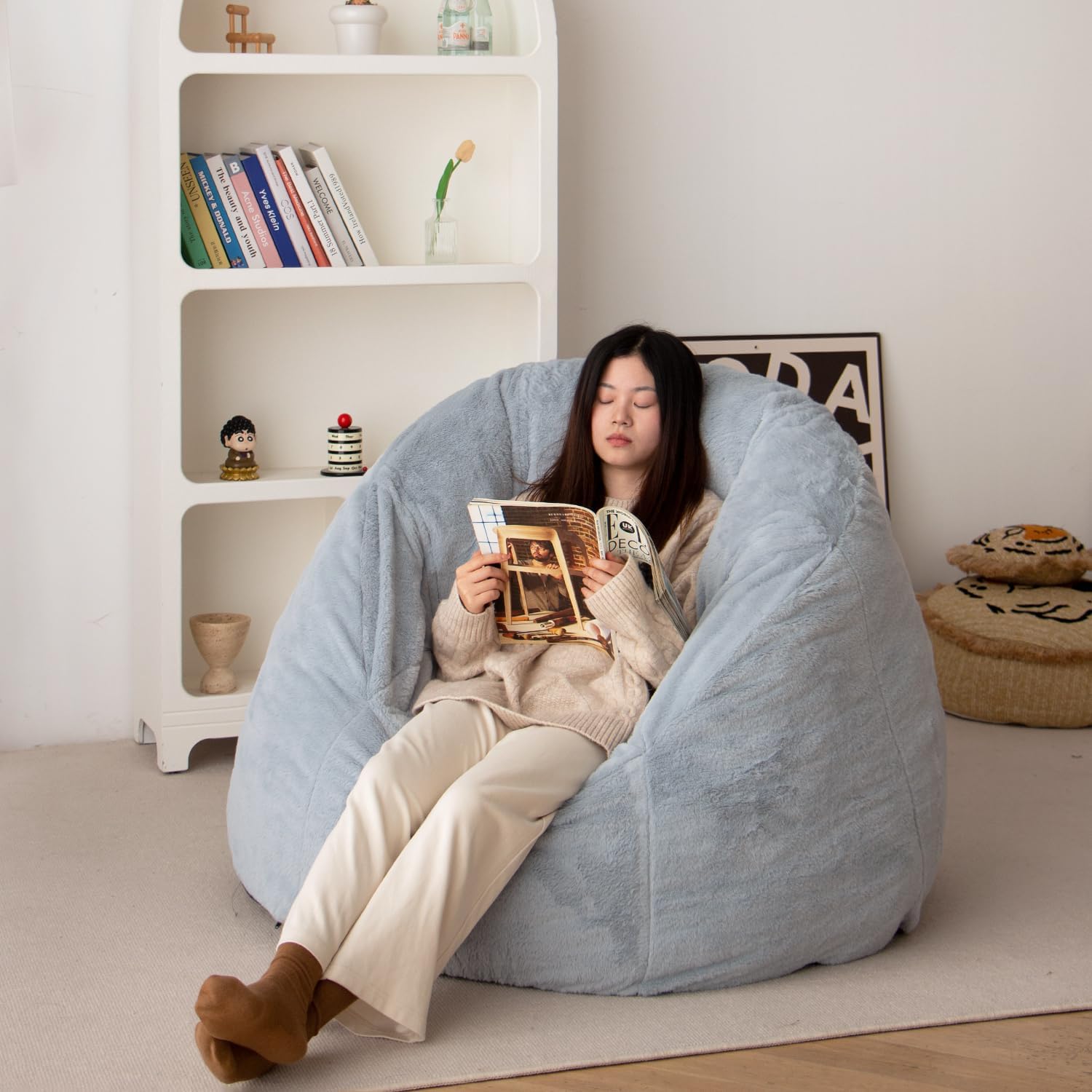 N&V Large Shell Bean Bag Chair, Adult Size Bean Bag Sack, Foam Filling, Includes Removable and Machine Washable Cover, 40in, Soft Faux Fur, Grey