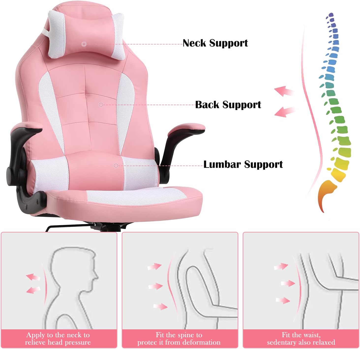 PC Gaming Chair Ergonomic Office Chair, High Back Computer Chair with Lumbar Support& Headrest, Adjustable PU Leather Desk Chair Racing Task Rolling Swivel Executive Chair for Women, Pink