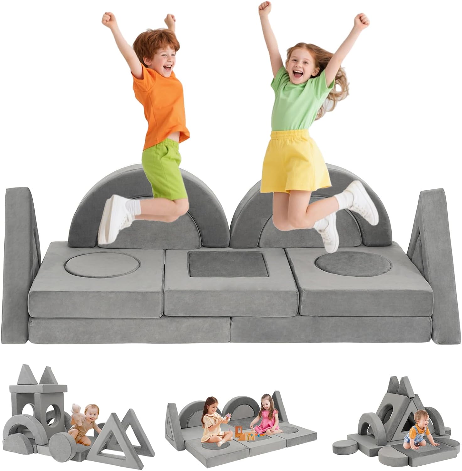 16PCS Modular Kids Play Couch Versatile Toddler Sofa Bed with Washable Covers Convertible Foam Sofa for Playroom Bedroom Creative Fort Building Set for Boys & Girls (Grey)