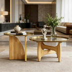 Gold End Tables Set of 3, Round Side Tables, Sofa Table with Wood Legs and Raised Edge Metal Top for Living Room, Bedroom, Bedside, Small Spaces, Easy Assembly, Natural