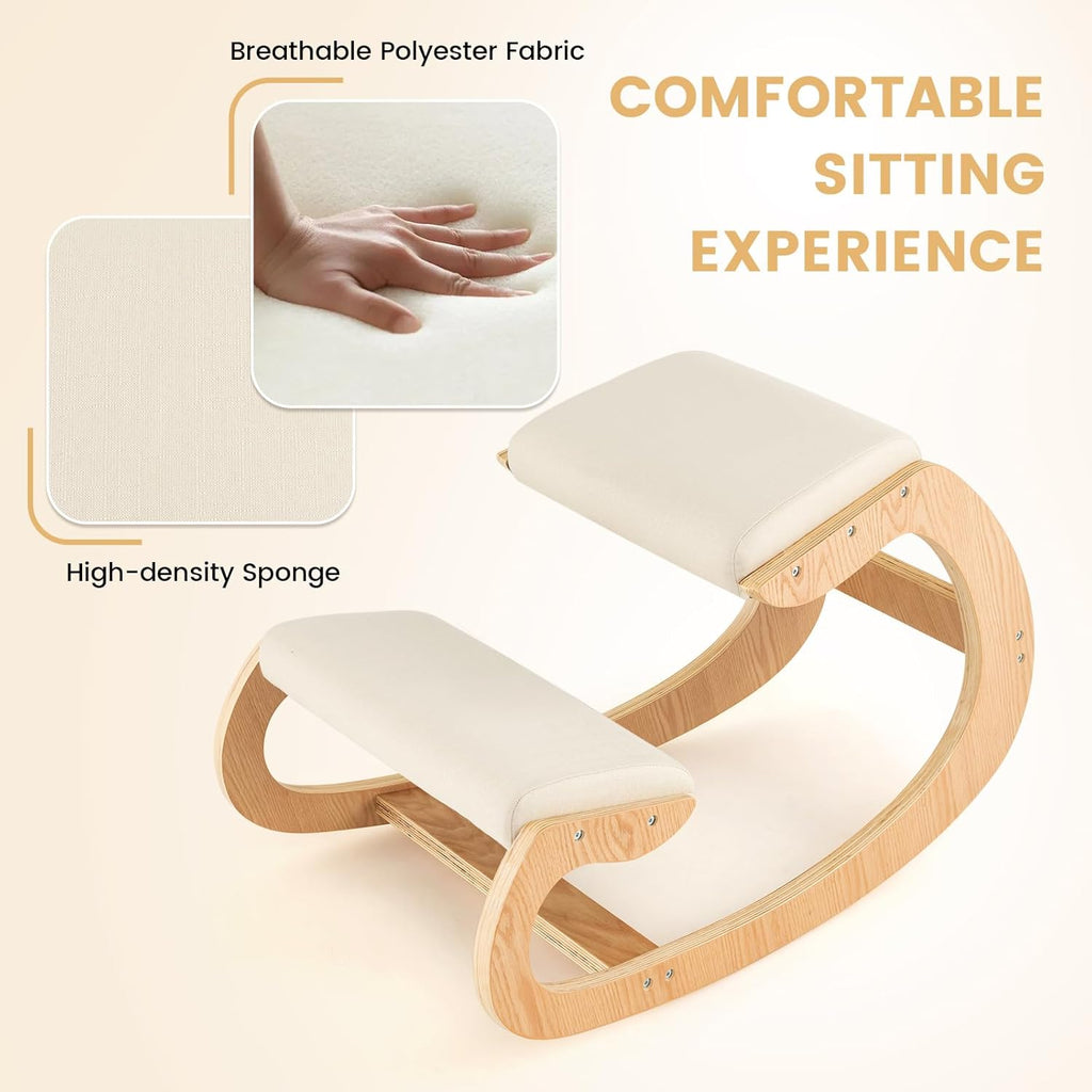 Ergonomic Kneeling Chair, Wooden Posture Chair W/Extra Padding for Back Neck Pain Relief & Improving Posture, Rocking Meditation Stool W/Knee Support for Home Office (Beige)