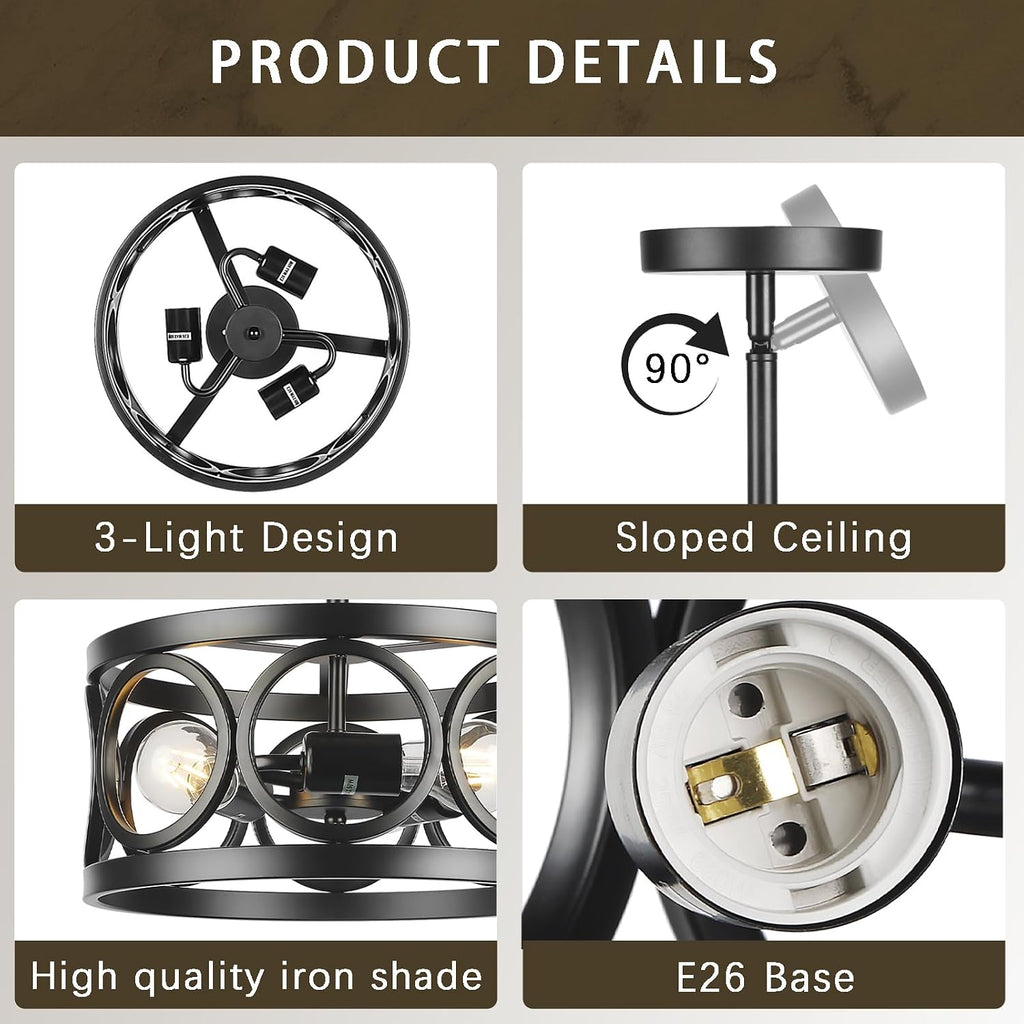 Farmhouse Semi Flush Mount Ceiling Light,3-Light Industry Black Sloped Ceiling Light Fixtures D13 Inches Drum Metal Light Fixture for Entryway Foyer Hallway Kitchen Dining Room