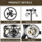 Farmhouse Semi Flush Mount Ceiling Light,3-Light Industry Black Sloped Ceiling Light Fixtures D13 Inches Drum Metal Light Fixture for Entryway Foyer Hallway Kitchen Dining Room