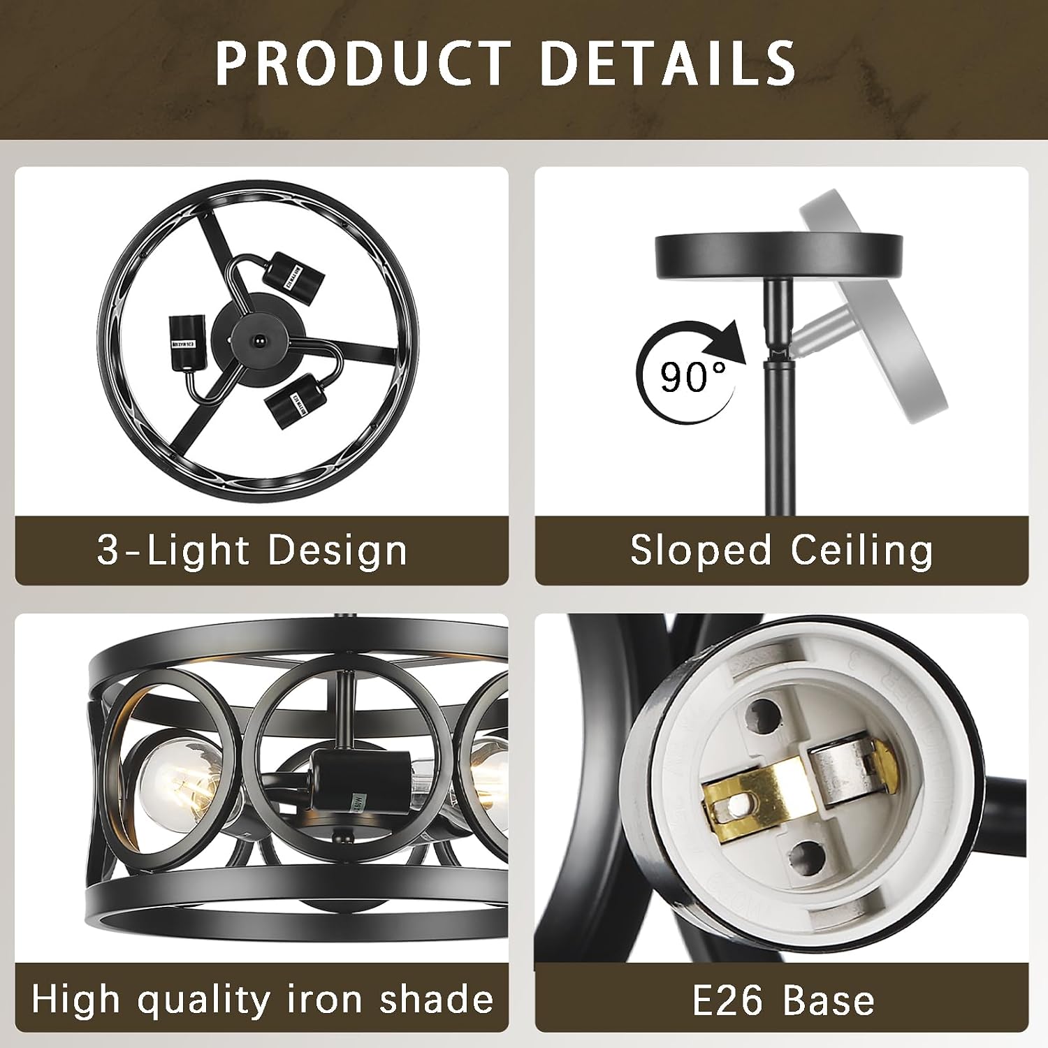 Farmhouse Semi Flush Mount Ceiling Light,3-Light Industry Black Sloped Ceiling Light Fixtures D13 Inches Drum Metal Light Fixture for Entryway Foyer Hallway Kitchen Dining Room