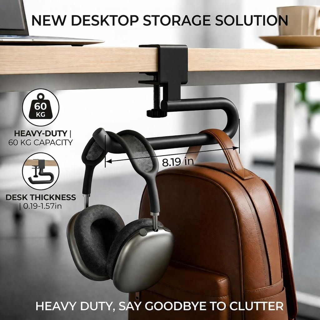 Desk Hook & Bag Hooks for Tables, Anti-Slip 60LB Heavy Duty Clamp-On Backpack Hanger, Extended Clearance Bag Holder for Desk for Office & Gaming, Adjustable (0.19-1.57in) (Black)