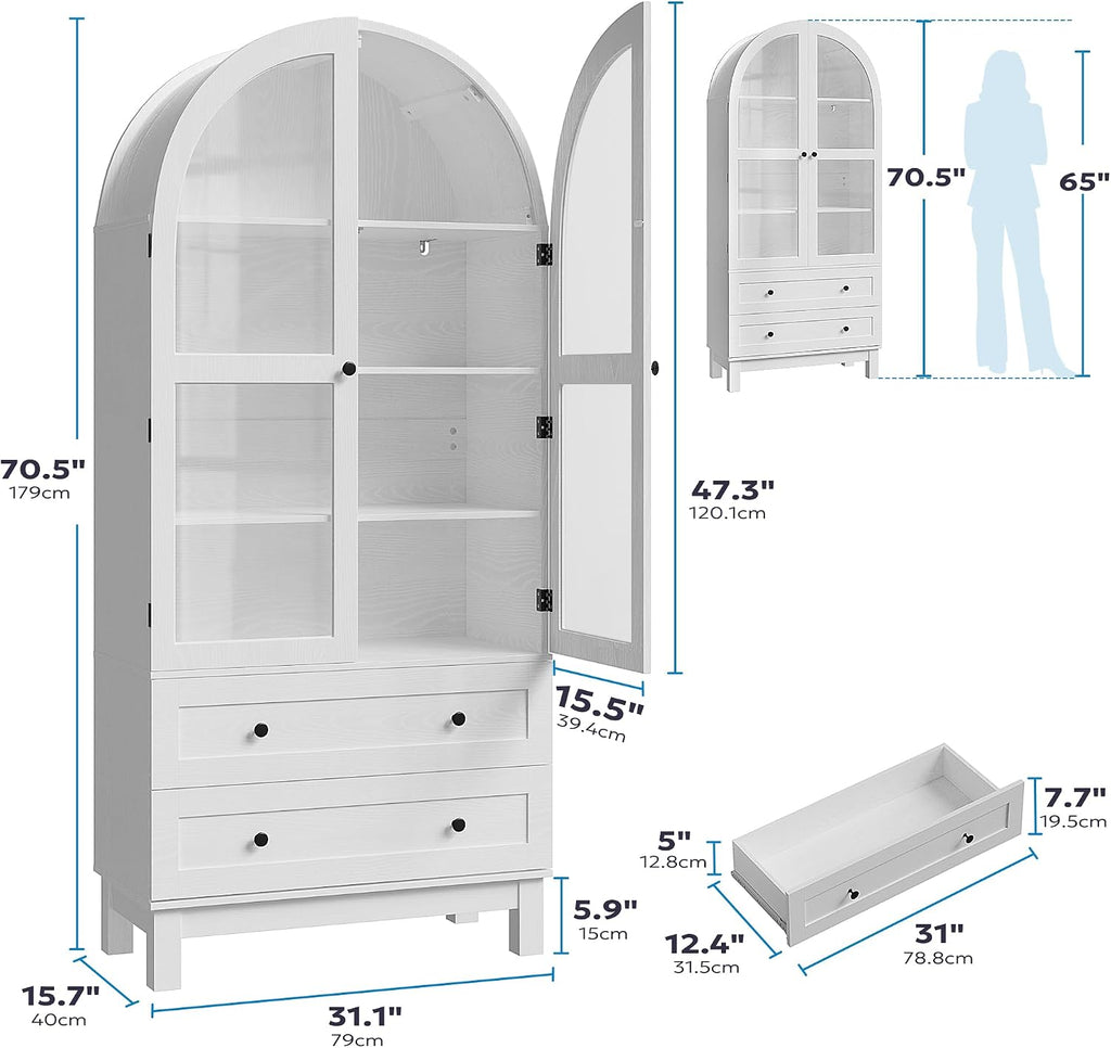 Furnify 71" Tall Arched Kitchen Pantry, Wood Pantry Cabinet with 2 Large Drawers and Glass Doors, Modern Farmhouse Versatile Cupboard for Kitchen, Dining Room, White