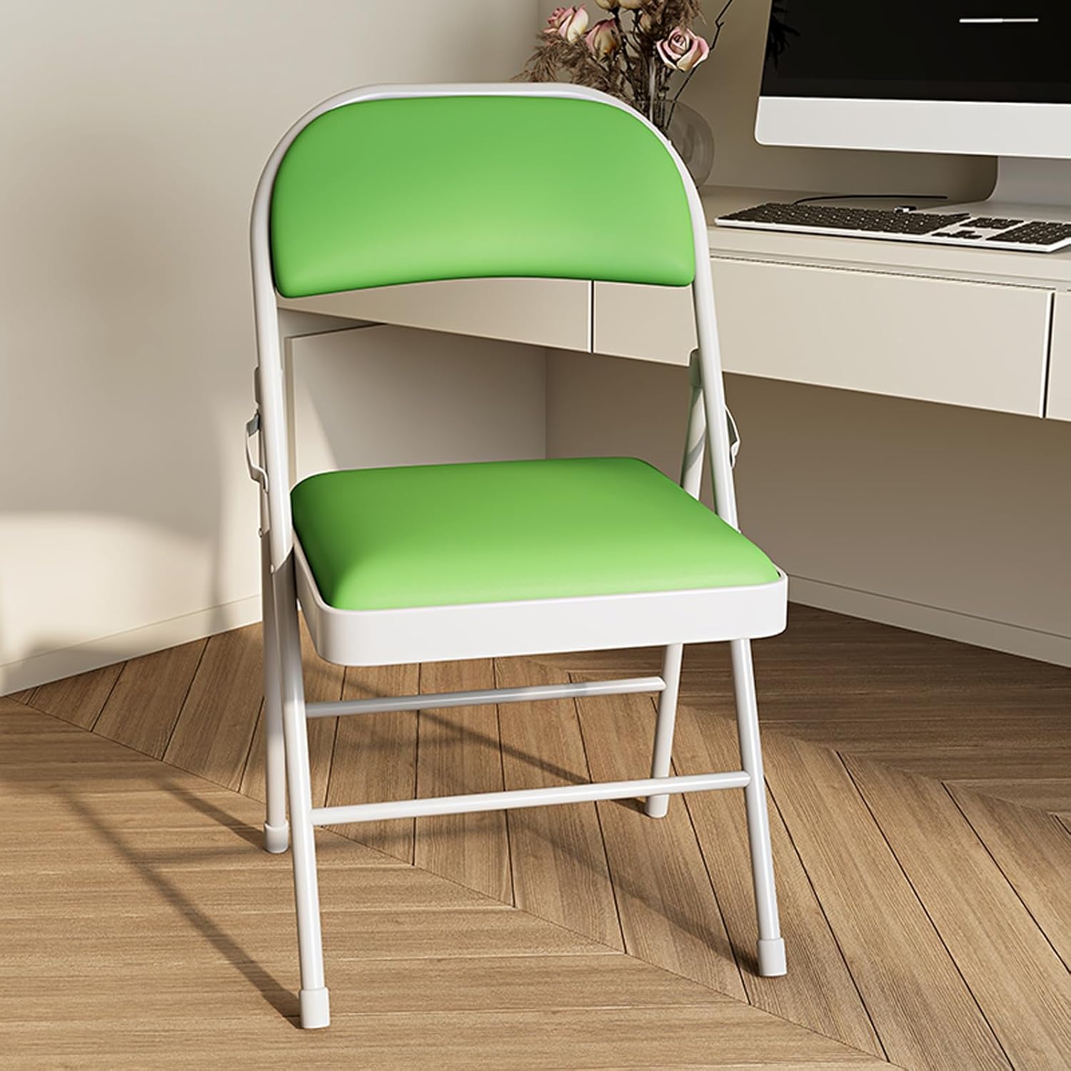 Folding Chairs with Comfortable Padded Seats, Portable and Stackable Commercial Seating, Metal Frame, Suitable for Offices, Restaurants, Bedrooms, and Parties Green with White Legs