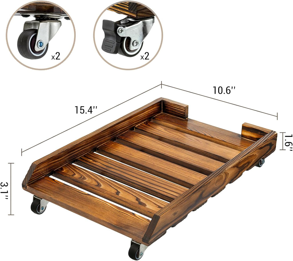 MyGift Rustic Solid Wood CPU Tower Stand – Deluxe PC Holder with Rolling Lockable Caster Wheels, Computer Case Floor Stand