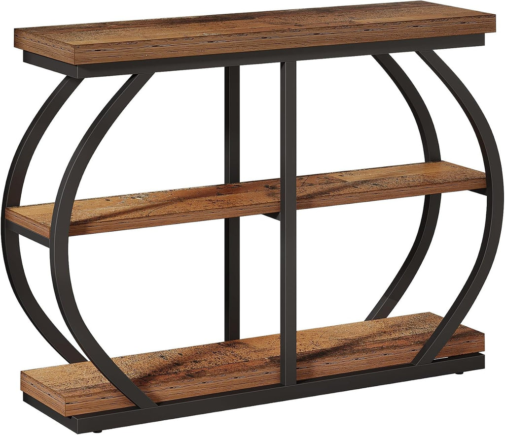 Tribesigns 41.3" Console Table, Industrial 3-Tier Entryway Table with Arched Metal Frame and Storage Shelves for Living Room, Hallway, Mix Brown