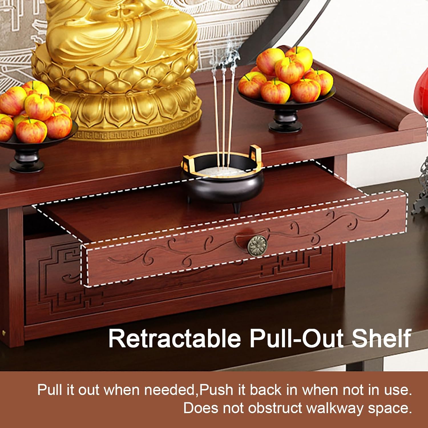 Altar Table Personal Meditation Shrine Buddhist Altar Table Retro Chinese Style Altar Shelf with Retractable Pull-Out Shelf and Drop-Down Door Storage Compartment 50cm/19.6in