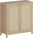 Freestanding Rattan Sideboard Buffet Cabinet – Wood Credenza with Adjustable Shelves, Modern Accent Coffee Bar for Kitchen, Living Room & Entryway