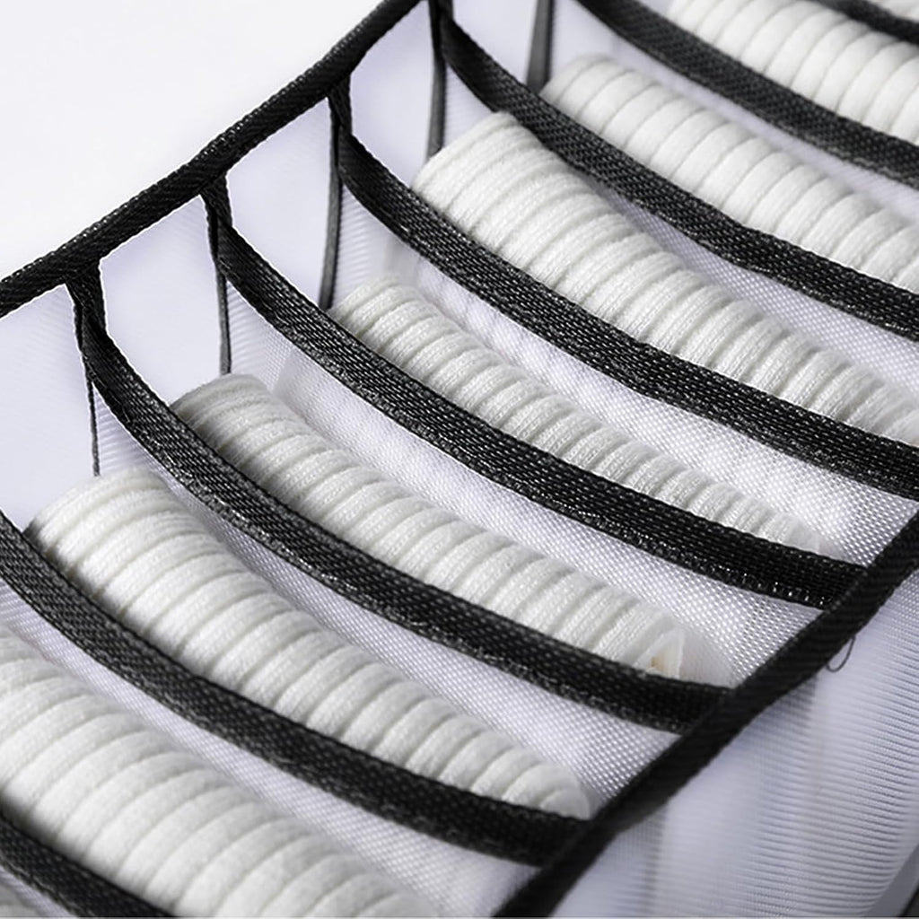 7-Compartment Underwear Storage Box with Breathable Nylon Mesh, Foldable Drawer Organizer for Socks, Lingerie, and Small Clothing Items