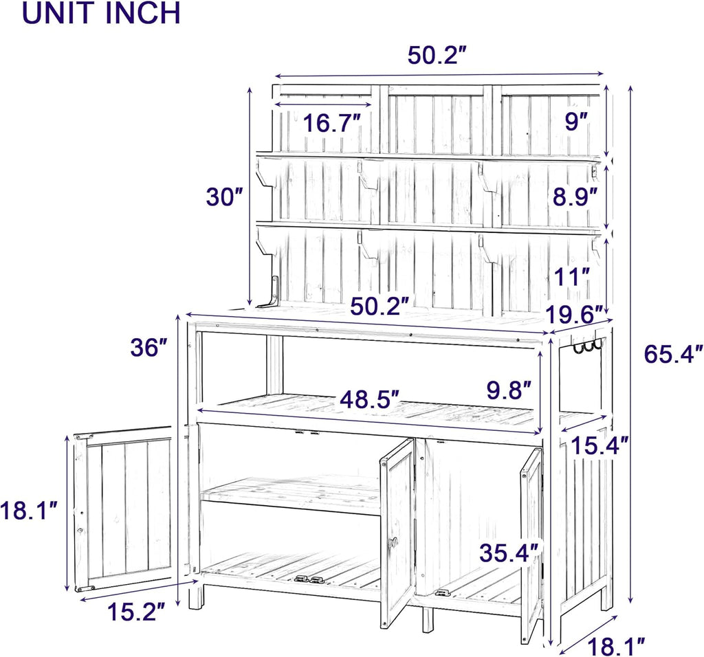 Potting Bench Table with Hutch, 50.2" Solid Fir Wood Garden Workstation, Large Countertop, 2 Shelves, 2 Cabinets, 3 Side Hooks, Outdoor Planting Table for Gardening, White