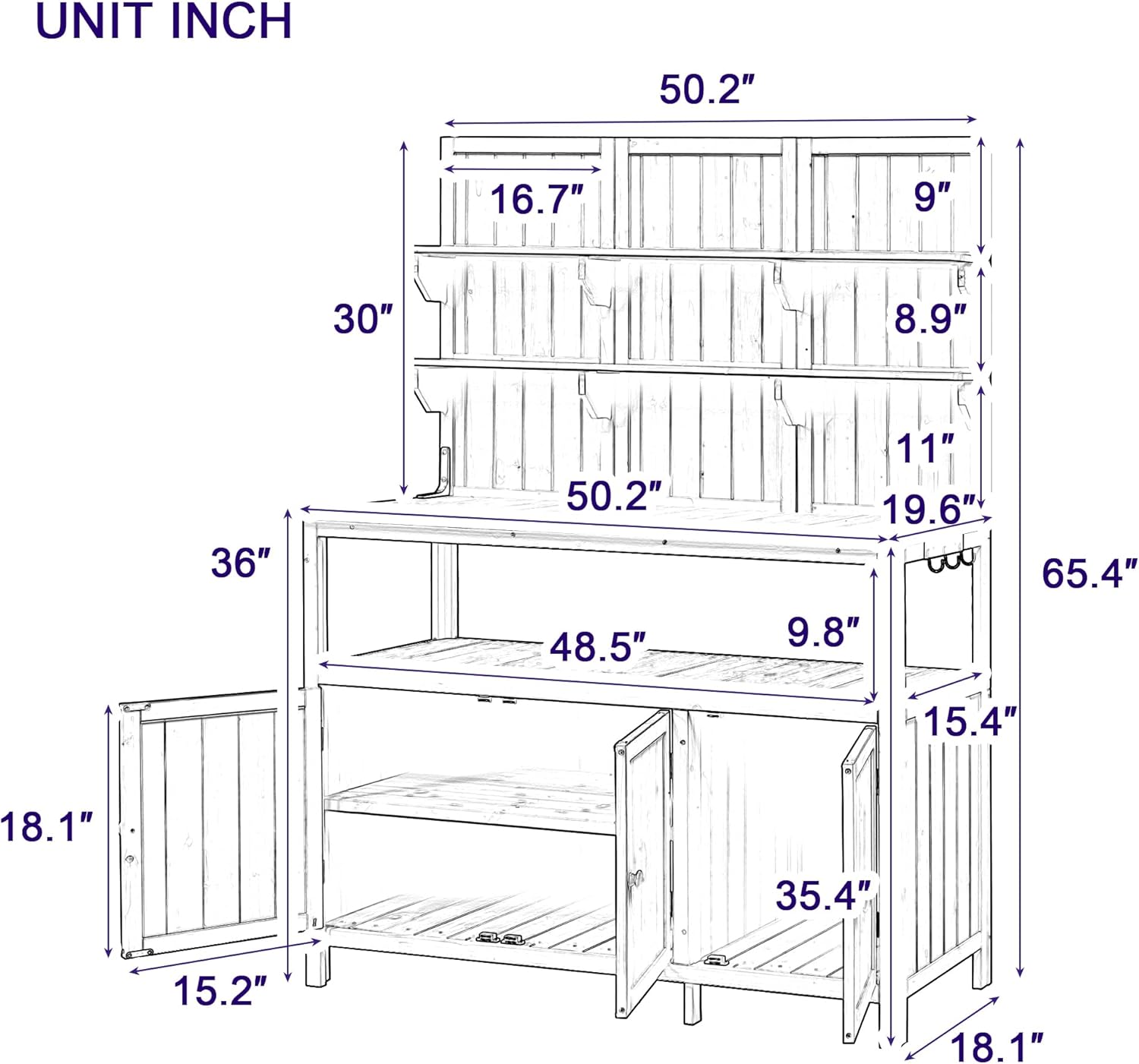 SOFTSEA Outdoor Potting Bench with Hutch, 50.2" Fir Wood Garden Workstation with 2 Shelves & 2 Cabinets, Outdoor Planting Table with Large Countertop & 3 Side Hooks, White