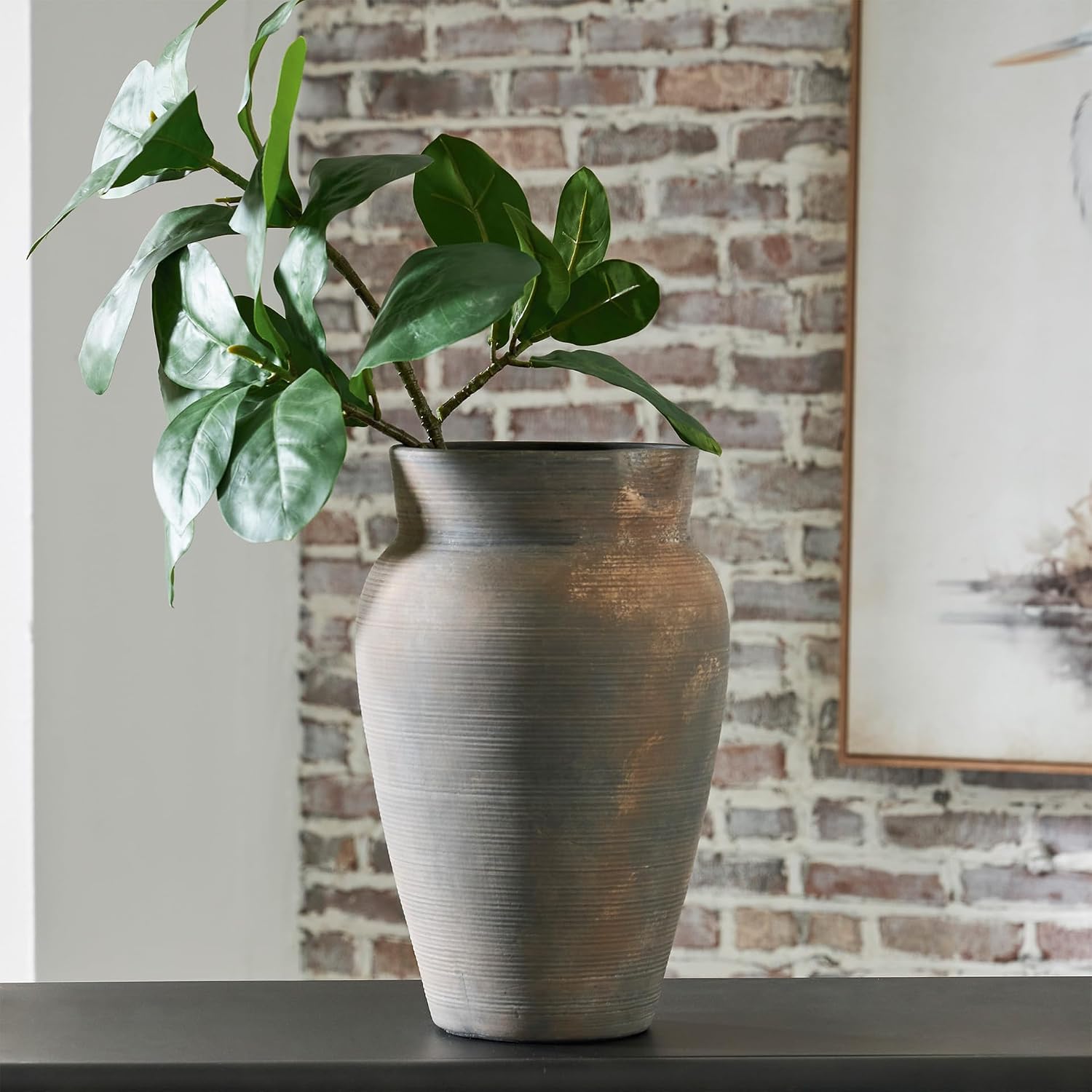 Signature Design by Ashley Brickmen Ceramic Vase, 15 Inch Tall Rustic Tabletop Accent, Textured Antique Gray Finish, Non-Watertight Decor for Faux and Dried Flowers, Gray and Tan