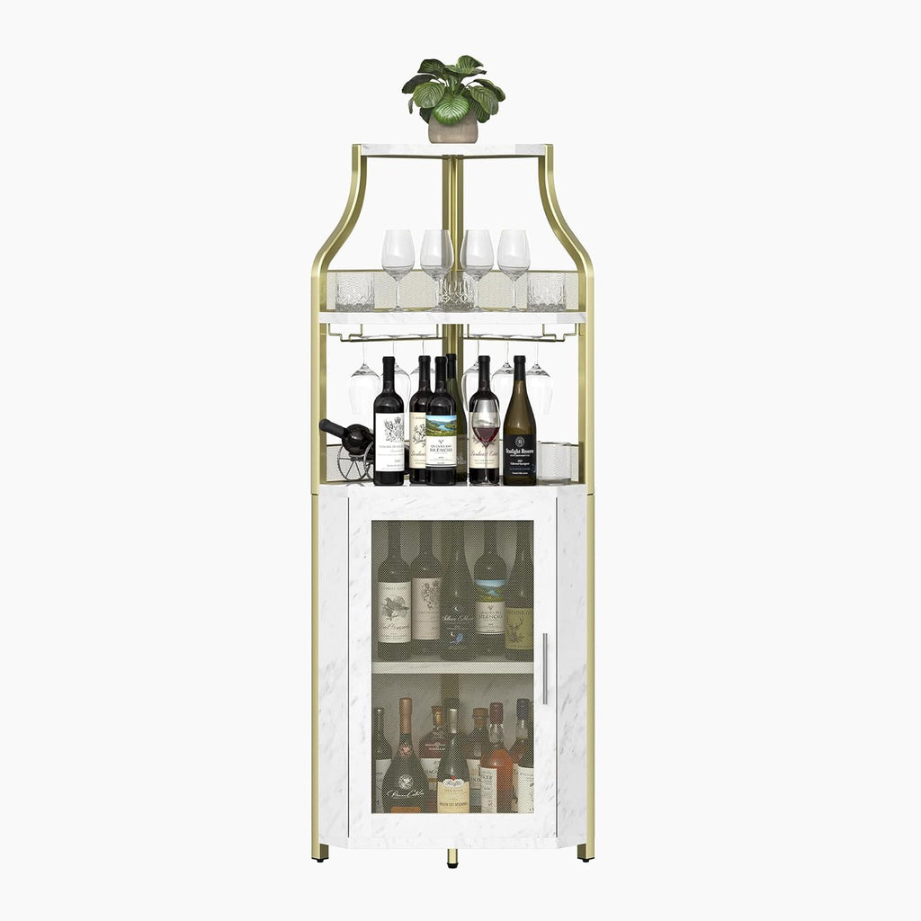 GarveeHome Corner Wine Cabinet with Detachable Wine Rack, 5-Tier Industrial Corner Bar Cabinet with Barn Door and Glass Holder, Farmhouse Buffet Cabinet and Home Bar, Gold