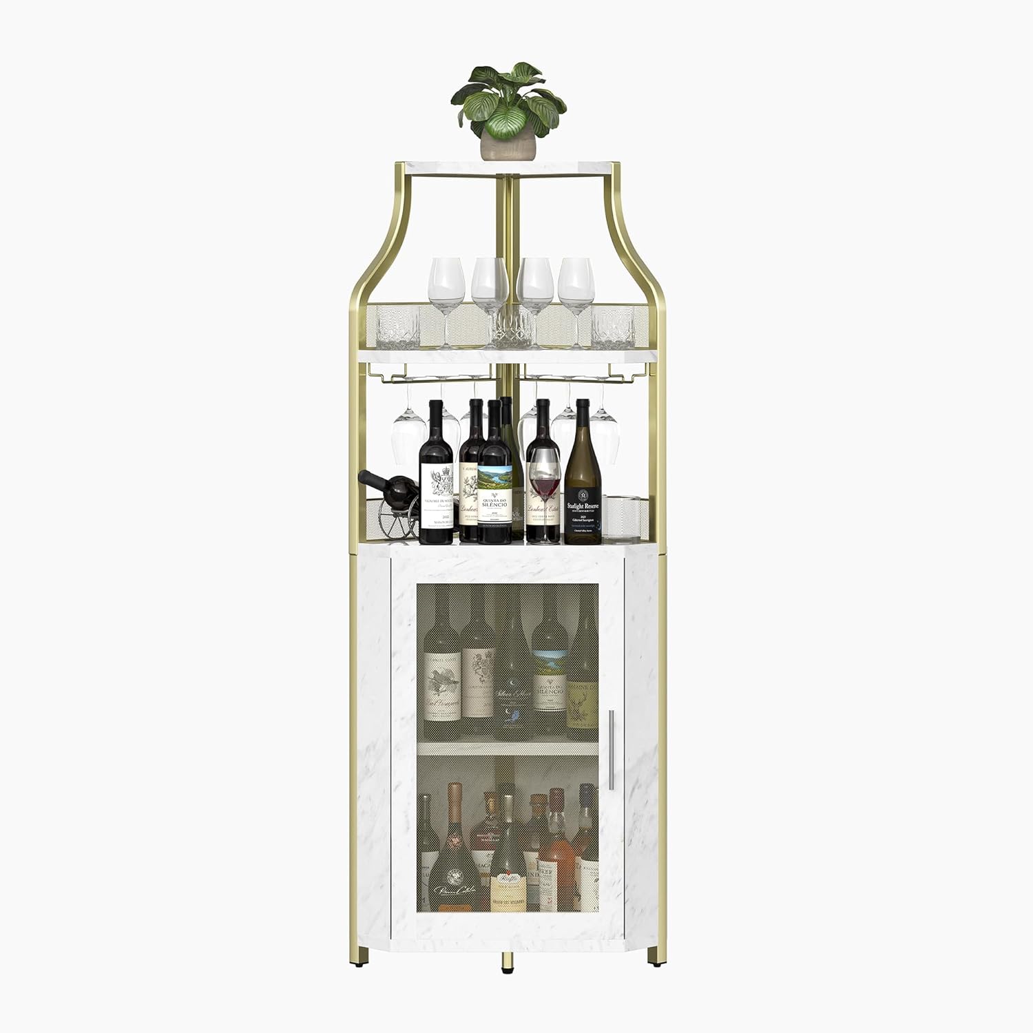 GarveeHome Corner Wine Cabinet with Detachable Wine Rack, 5-Tier Industrial Corner Bar Cabinet with Barn Door and Glass Holder, Farmhouse Buffet Cabinet and Home Bar, Gold