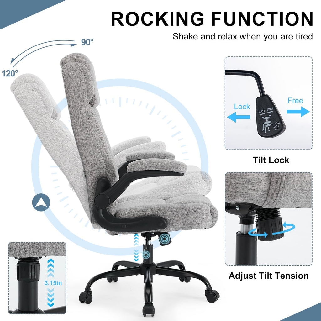 High Back Fabric Office Chair, Ergonomic Computer Desk Chair with Adjustable Headrest & Flip-up Armrests, 120° Tilt Rock Function, 400 lbs Weight Capacity for Home Office & Lumbar Support