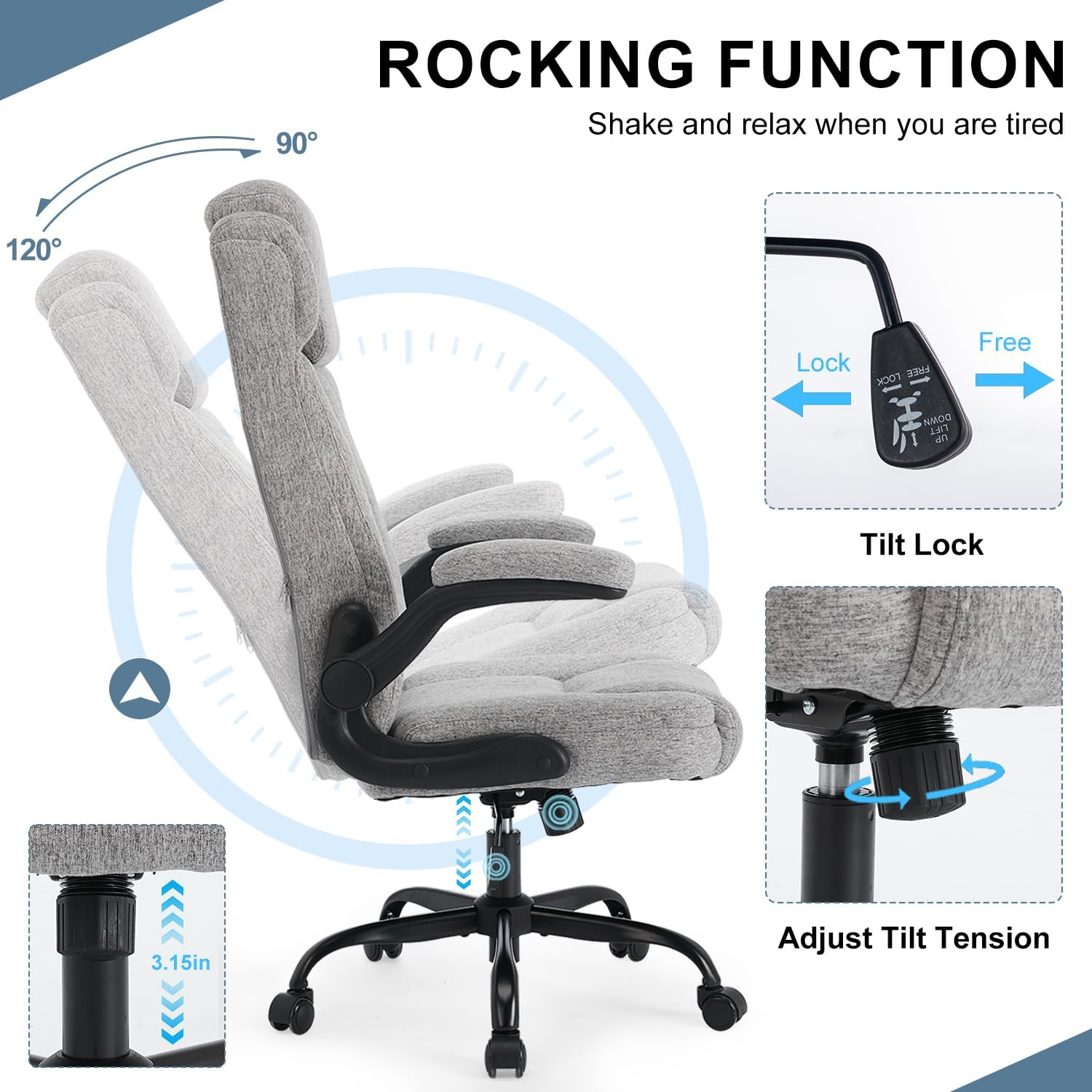 High Back Fabric Office Chair, Ergonomic Computer Desk Chair with Adjustable Headrest & Flip-up Armrests, 120° Tilt Rock Function, 400 lbs Weight Capacity for Home Office & Lumbar Support