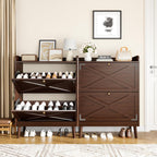 Shoe Storage Cabinet with 2 Flip Drawers & Adjustable Shelves, Freestanding Shoe Cabinet with Side Hooks Narrow Shoe Rack Cabinet for Entryway, Hallway, Rustic Brown