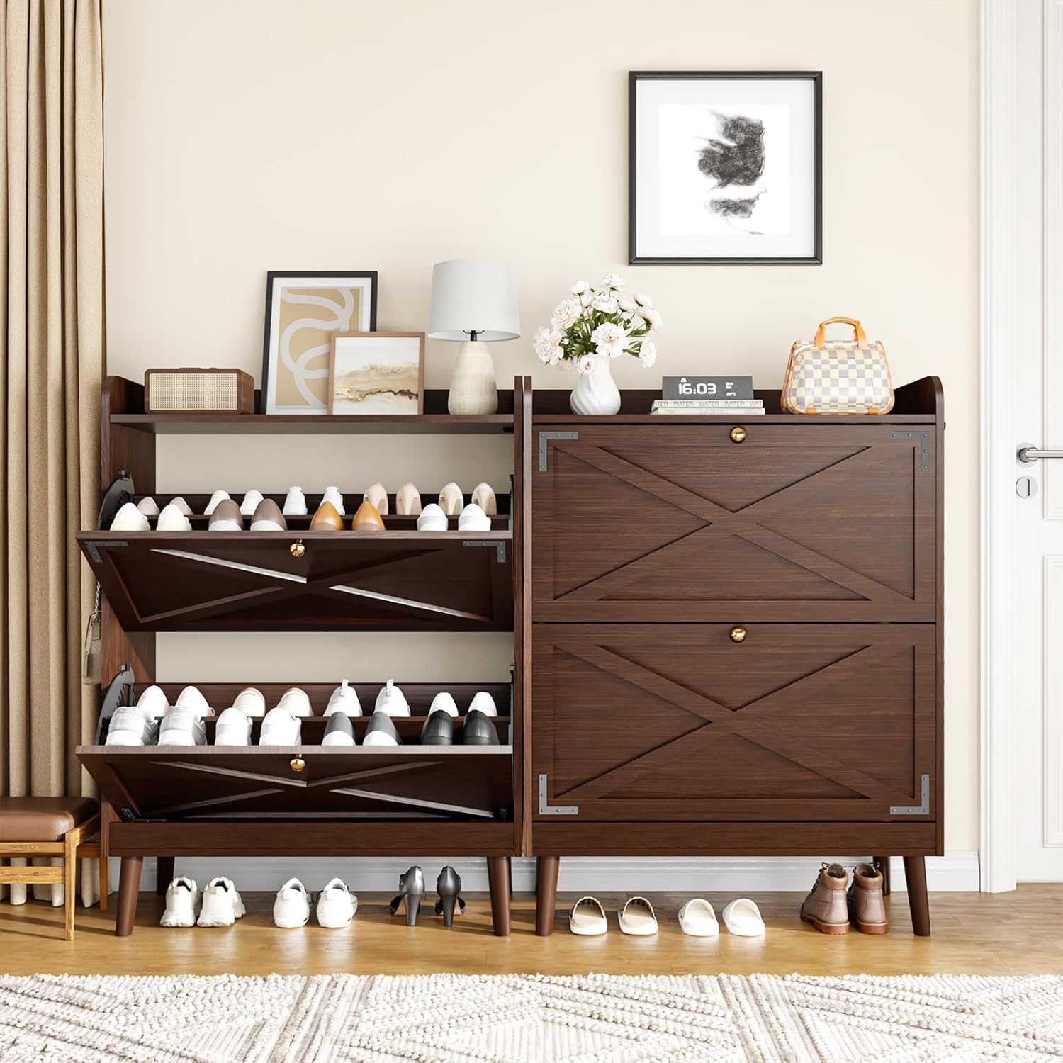 Shoe Storage Cabinet with 2 Flip Drawers & Adjustable Shelves, Freestanding Shoe Cabinet with Side Hooks Narrow Shoe Rack Cabinet for Entryway, Hallway, Rustic Brown