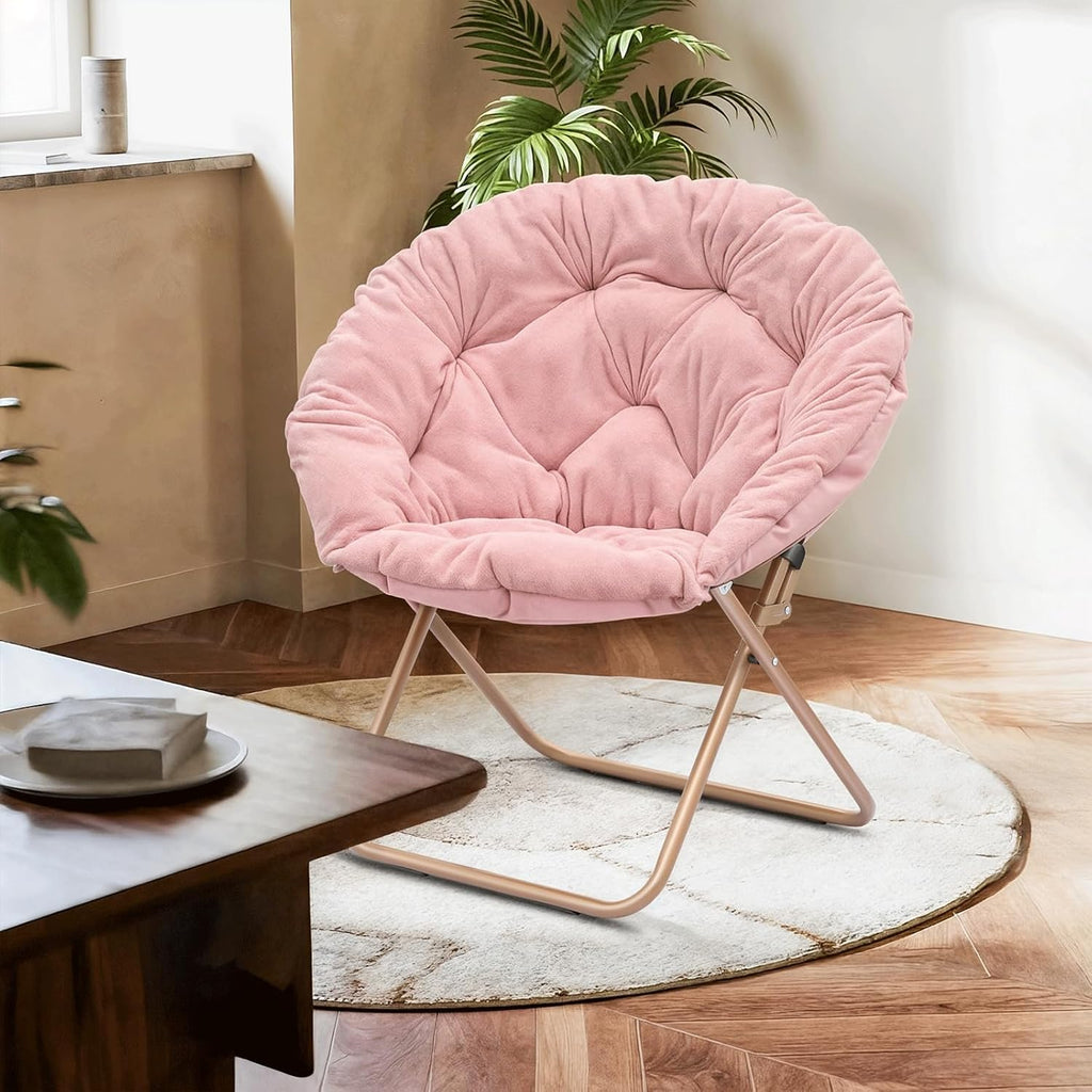 Cozy Saucer Chair, Living Room Chair, Faux Fur Soft Thick Padded Folding Chair, Comfortable Moon Chair for Living Room, Bedroom, Reading Nook, Modern Style, Pink