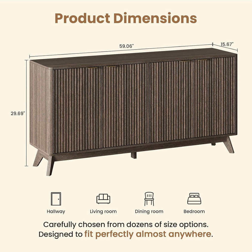 59'' Sideboard Buffet Storage Cabinet with Metal Handle, Fluted Cabinet with Rounded Corners, Modern Buffet Table Accent with 4 Doors for Coffee Bar, Console Table,Walnut