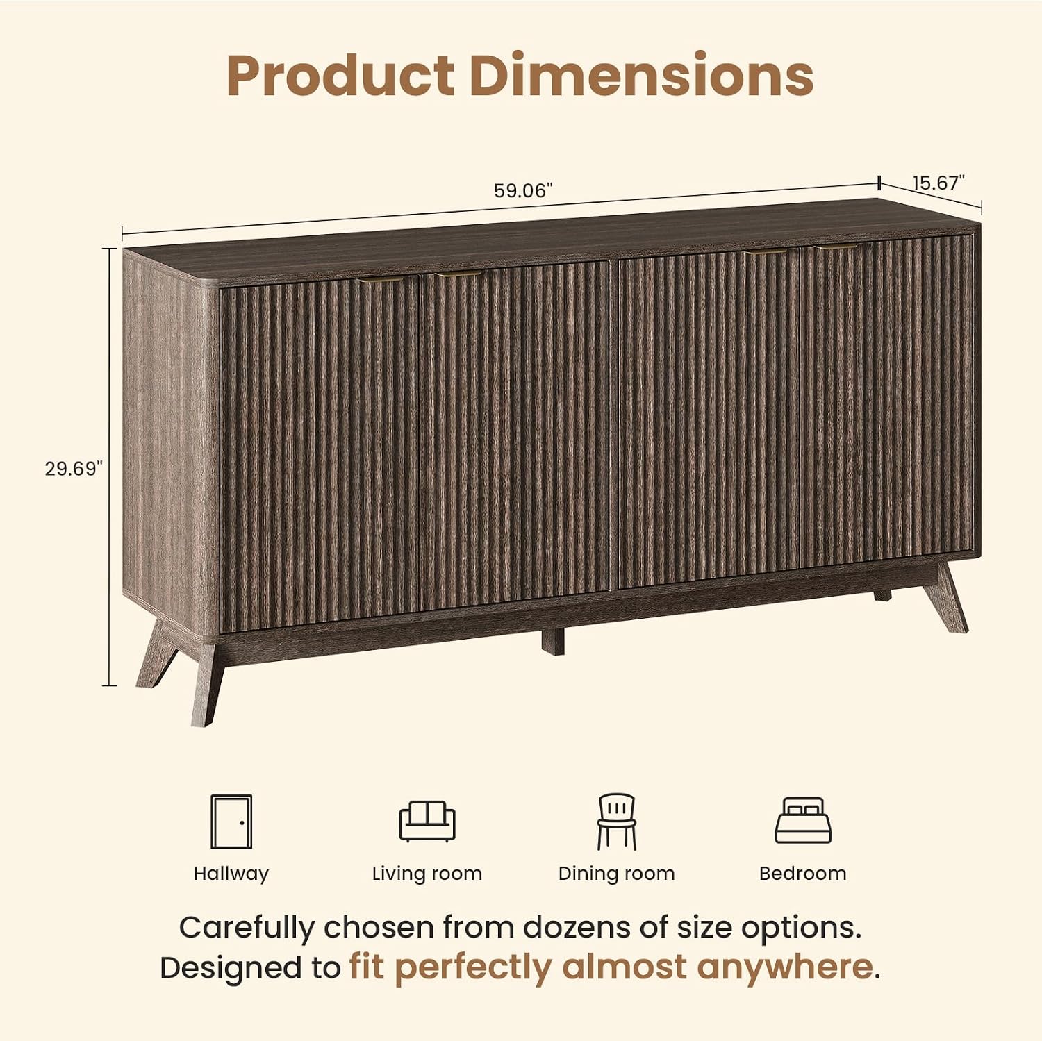 59'' Sideboard Buffet Storage Cabinet with Metal Handle, Fluted Cabinet with Rounded Corners, Modern Buffet Table Accent with 4 Doors for Coffee Bar, Console Table,Walnut